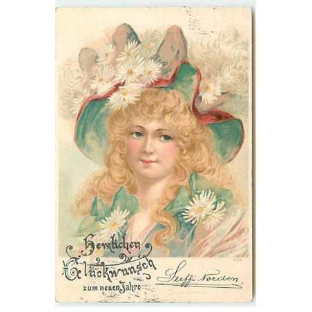 n°23044 - Nouvel An - Herzlichen Glückwunsch zum neuen Jahre - Jeune femme portant un chapeau avec des marguerites
