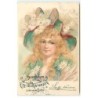 n°23044 - Nouvel An - Herzlichen Glückwunsch zum neuen Jahre - Jeune femme portant un chapeau avec des marguerites