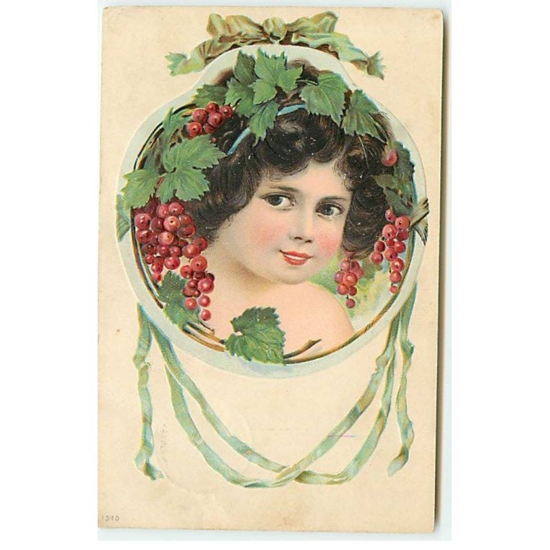 n°23045 - Carte Gaufrée - Fantaisie - Portrait d'une jeune fille dans un médaillon au milieu de groseilles