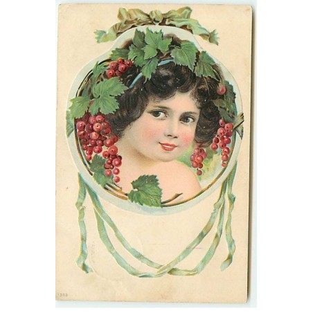 n°23045 - Carte Gaufrée - Fantaisie - Portrait d'une jeune fille dans un médaillon au milieu de groseilles