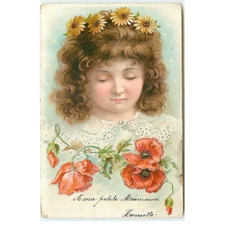 n°23046 -Fantaisie - Portrait d'une jeune fille avec des marguerites dans les cheveux au-dessus de coquelicots