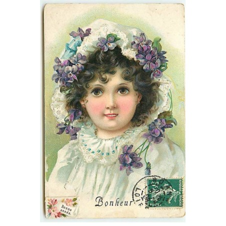 n°23047 - Carte Gaufrée - Bonheur - Portrait d'une jeune fille avec des violettes dans les cheveux