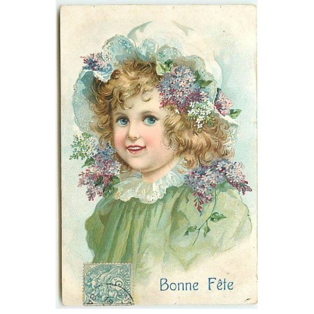 n°23048 - Carte Gaufrée - Portrait d'une jeune fille avec du lilas dans les cheveux