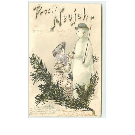 n°10081 - Carte Fantaisie Gaufrée - Prosit Neujahr - Femme et Bonhomme de Neige