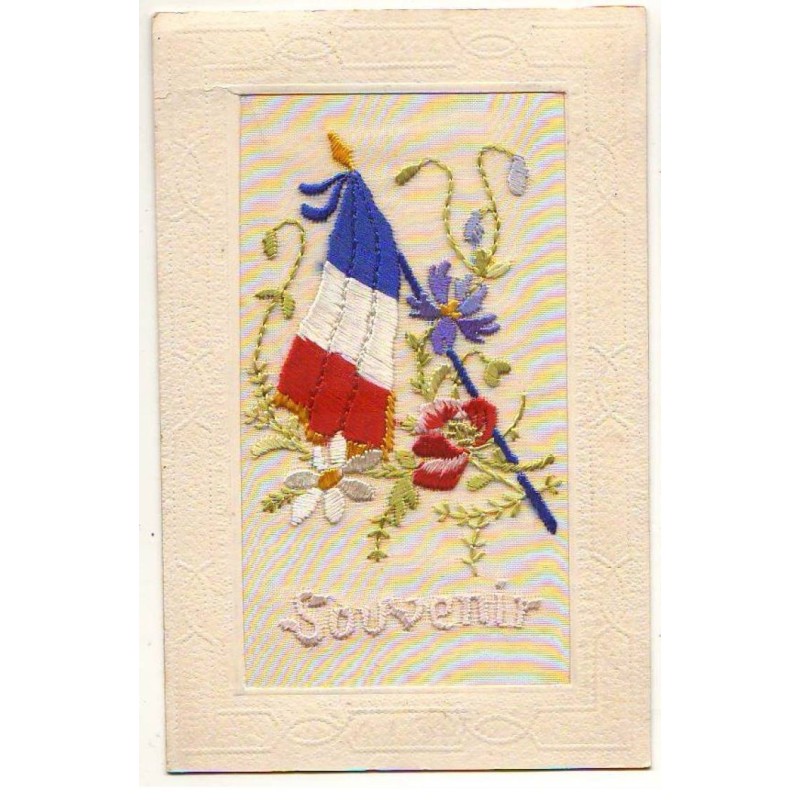 n°23053 - Carte Brodée - Souvenir - Drapeau français, et fleurs