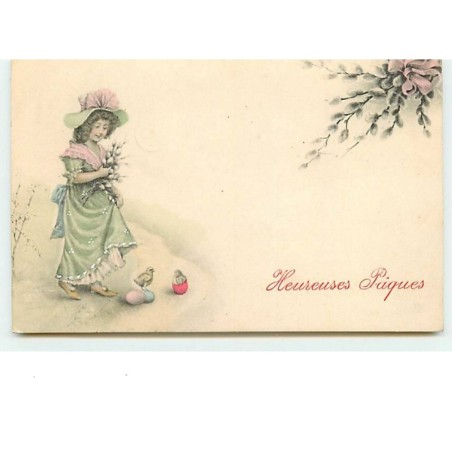 n°11587 - Carte Fantaisie - Heureuses Pâques - Fillette et Poussins