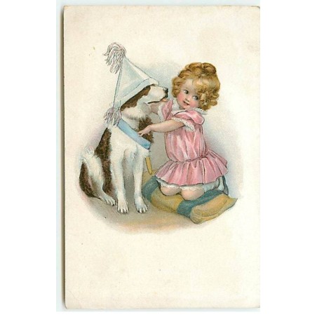 n°23061 - SB Pearce - Fillette près d'un chien portant un chapeau en papier