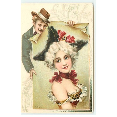 n°23063 - Illustrateur - U.S.M. - Homme montrant une jeune femme portant une tricorne, sur une affiche
