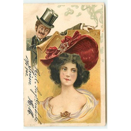 n°23064 - Illustrateur - U.S.M. - Homme montrant une jeune femme portant un chapeau rouge, sur une affiche