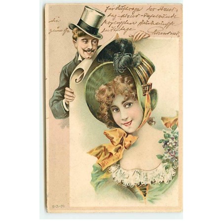 n°23065 - Illustrateur - U.S.M. - Homme montrant une jeune femme portant un chapeau vert, sur une affiche
