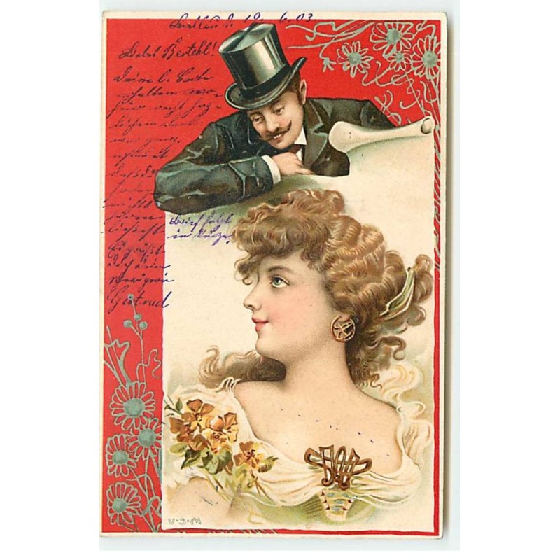 n°23066 - Illustrateur - U.S.M. - Art Nouveau - Homme montrant une jeune femme, sur une affiche