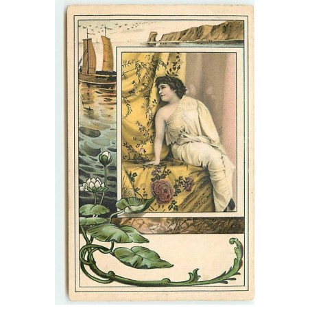 n°23067 - Fantaisie - Art Nouveau - Jeune femme rêvant - Nénuphar et Bateau