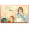 n°23073 - Carte Gaufrée - Pâques - Fröhliche Ostern - Coq regardant une fillette écalant un oeuf