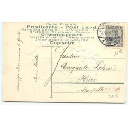 n°23075 - Carte Gaufrée - Fröhliche Ostern - Fillette près d'un oeuf sur une brouette avec des brins de muguet