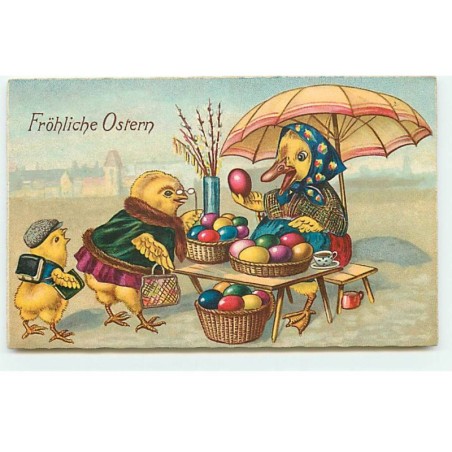 n°23076 - Pâques - Fröhliche Ostern -Poussins habillés, achetant des oeufs à une canne habillée