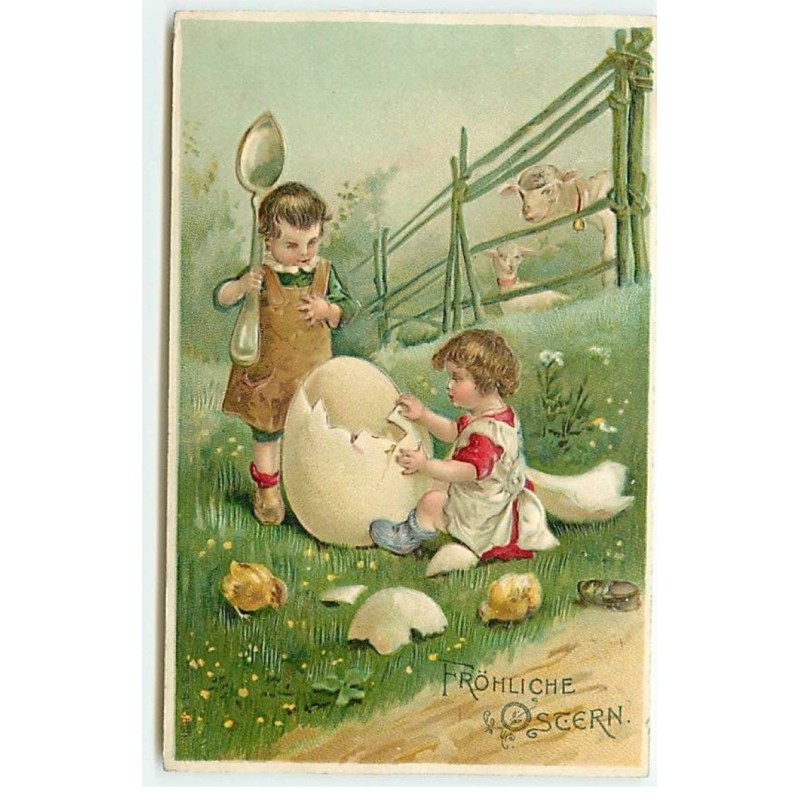 n°23078 - Carte Gaufrée - Pâques - Fröhliche Ostern -Enfants, un écalant un oeuf