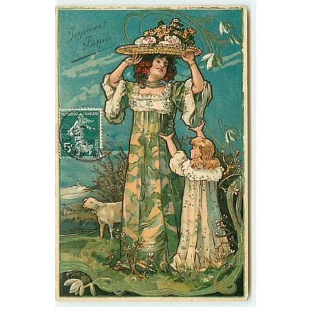 n°23081 - Carte Gaufrée - Joyeuses Pâques - Fillette près d'une femme avec un grand chapeau décoré d'oeufs