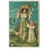 n°23081 - Carte Gaufrée - Joyeuses Pâques - Fillette près d'une femme avec un grand chapeau décoré d'oeufs