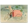 n°23084 - Carte Gaufrée - Nouvel An - Garçon levant un verre sur un triporteur avec des myosotis