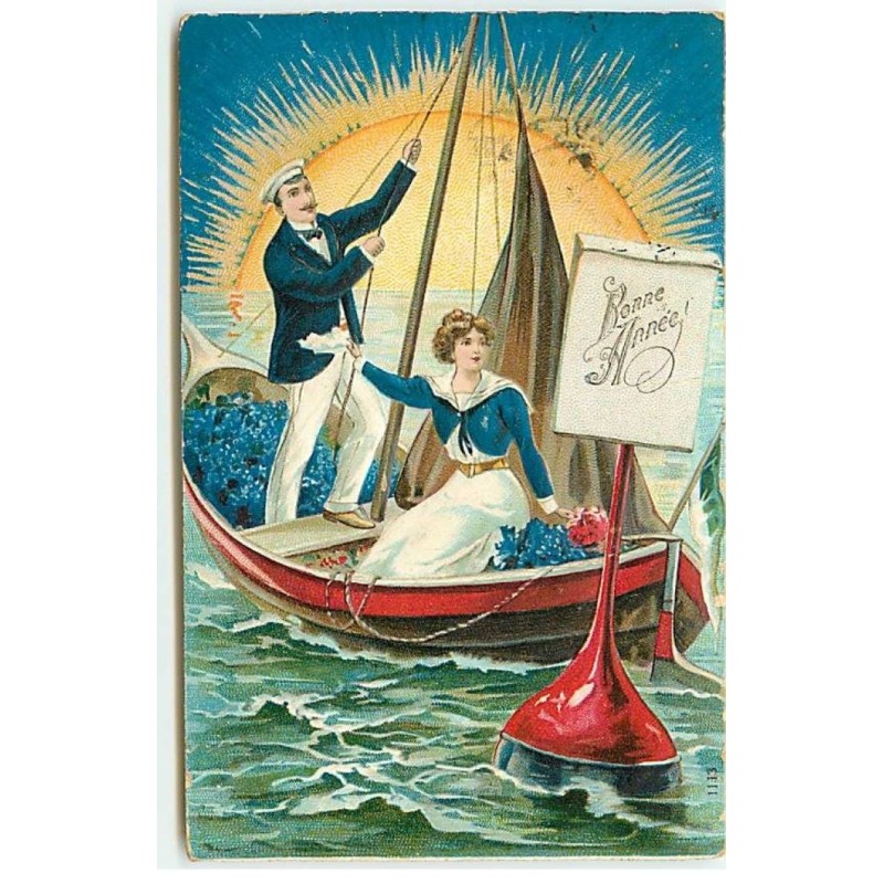 n°23085 - Carte Gaufrée - Nouvel An - Couple dans une barque avec une voile, au clair de lune