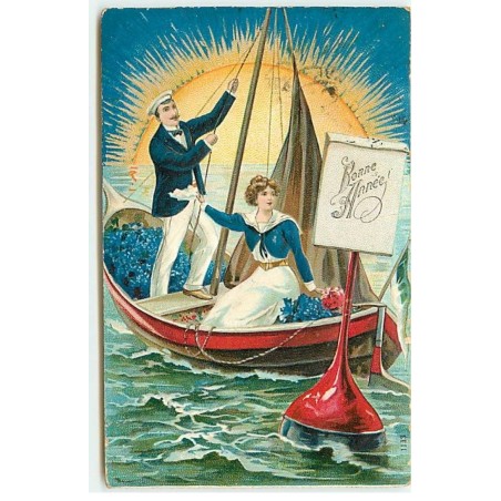 n°23085 - Carte Gaufrée - Nouvel An - Couple dans une barque avec une voile, au clair de lune
