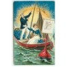 n°23085 - Carte Gaufrée - Nouvel An - Couple dans une barque avec une voile, au clair de lune