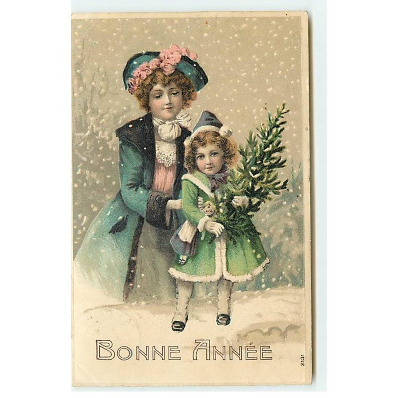 n°23086 - Carte Gaufrée - Bonne Année - Une femme avec une fillette sous la neige
