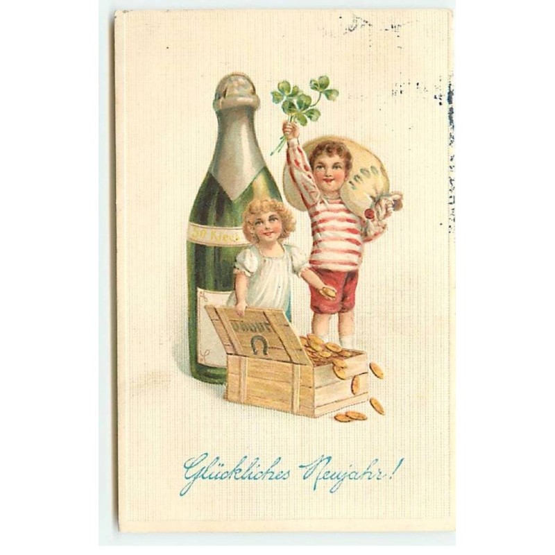 n°23090 - Carte Gaufrée - Nouvel An - Enfants près d'une bouteille de champagne - Pièces d'Or