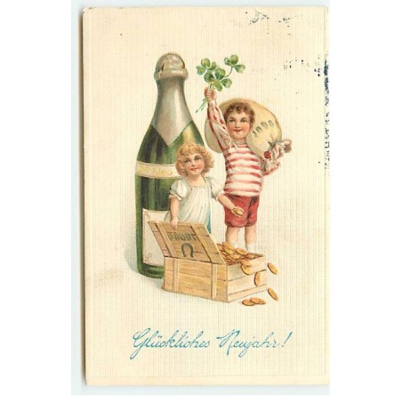 n°23090 - Carte Gaufrée - Nouvel An - Enfants près d'une bouteille de champagne - Pièces d'Or