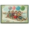 n°23091 - Carte Gaufrée - Nouvel An - Enfants tenant des ballons, sur une luge