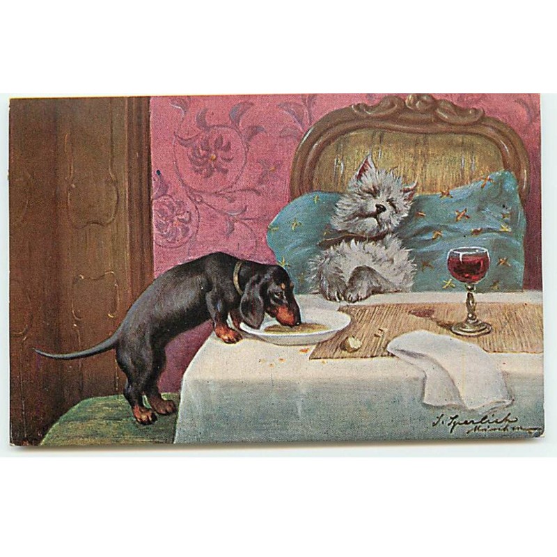 n°23096 - Chiens - Teckel mangeant le repas d'un chien endormi dans un lit - dackel