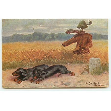 n°23097 - Chiens - Teckels effrayés par un épouvantail - dackel