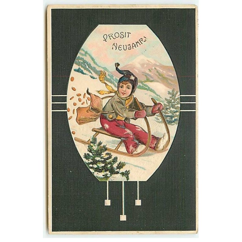 n°23123 - Carte Gaufrée - Prosit Neujahr  - Enfant sur une luge perdant des pièces de monnaie
