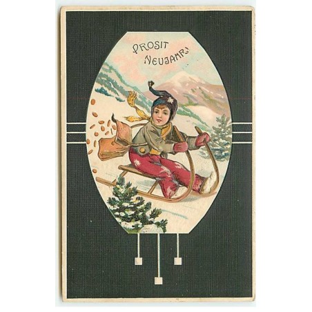 n°23123 - Carte Gaufrée - Prosit Neujahr  - Enfant sur une luge perdant des pièces de monnaie