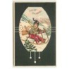 n°23123 - Carte Gaufrée - Prosit Neujahr  - Enfant sur une luge perdant des pièces de monnaie