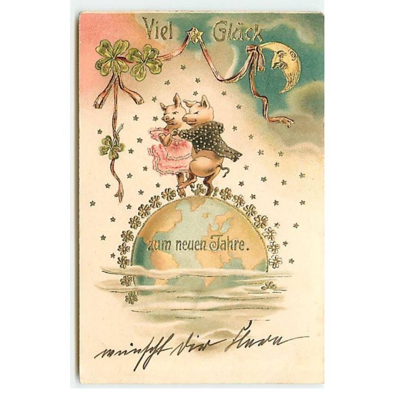 n°23124 - Carte légèrement Gaufrée - Nouvel An - Couple de cochons dansant sur la Terre - Lune Humanisée