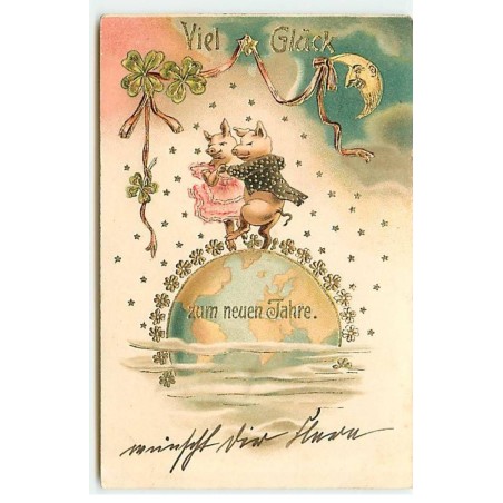 n°23124 - Carte légèrement Gaufrée - Nouvel An - Couple de cochons dansant sur la Terre - Lune Humanisée
