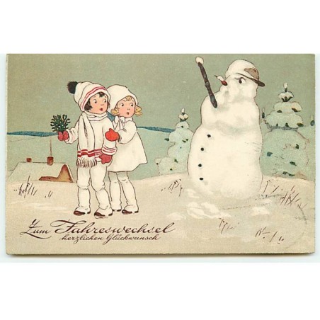 n°23125 - Style Baumgarten - Nouvel An - Bonhomme de Neige et Couple d'Enfants
