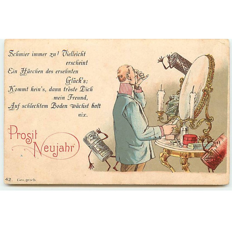 n°23128 - Prosit Neujahr - Homme devant la glace et Objets Humanisés - Surréalisme