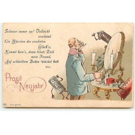 n°23128 - Prosit Neujahr - Homme devant la glace et Objets Humanisés - Surréalisme