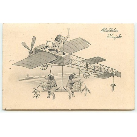 n°23129 - Gluckliches Neujahr - Teckels trinquant dans un avion - dackel