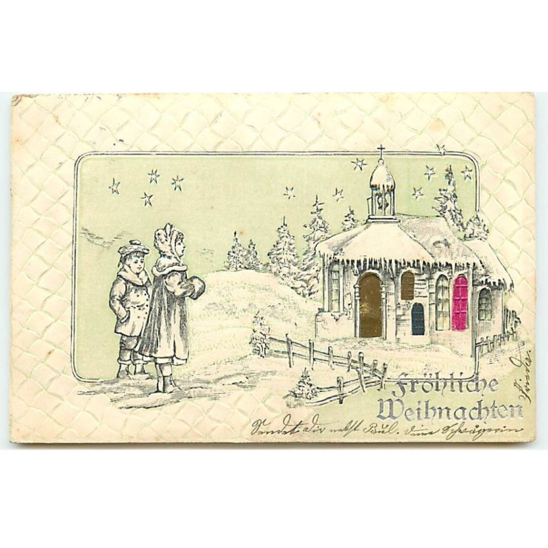 n°23138 - Carte Gaufrée - Fröhliche Weihnachten - Enfants devant une Chapelle sous la Neige