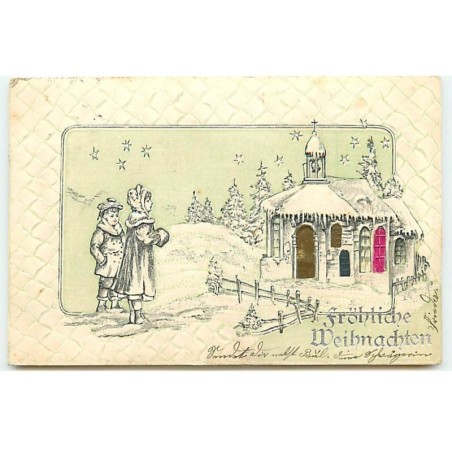 n°23138 - Carte Gaufrée - Fröhliche Weihnachten - Enfants devant une Chapelle sous la Neige