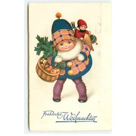 n°23140 - Fröhliche Weihnachten - Style Clapsaddle - Enfant avec des Jouets et un Panier de Fruits