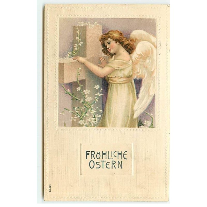 n°23145 - Carte Gaufrée - Fröhliche Ostern - Clapsaddle - Ange devant une Croix