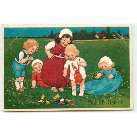 n°23146 - Carte Gaufrée - Fröhliche Ostern - Serie 7602 - Flatscher - Enfants regardant des Poussins
