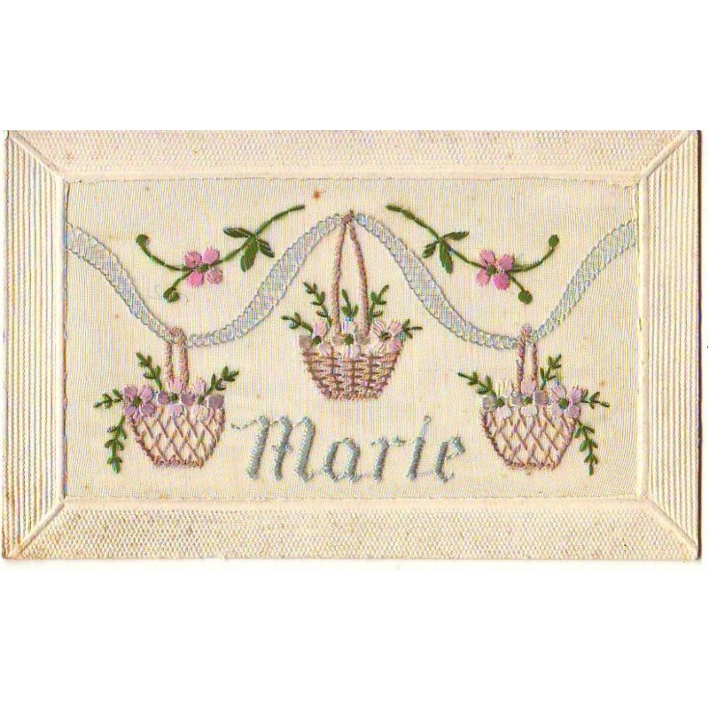 n°23151 - Carte Brodée - Prénom Marie - Petits paniers remplis de fleurs