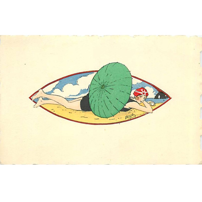 n°23159 - Fantaisie - Jeune femme allongée sur une plage derrière une ombrelle verte - baigneuse