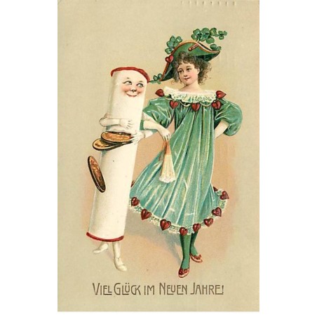 n°23164 - Carte Gaufrée - Nouvel An - Jeune femme marchant au bras d'un rouleau de pièces humanisé - surréalisme