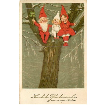 n°23166 - Nouvel An - Flatscher - Une famille de lutins assise dans un arbre